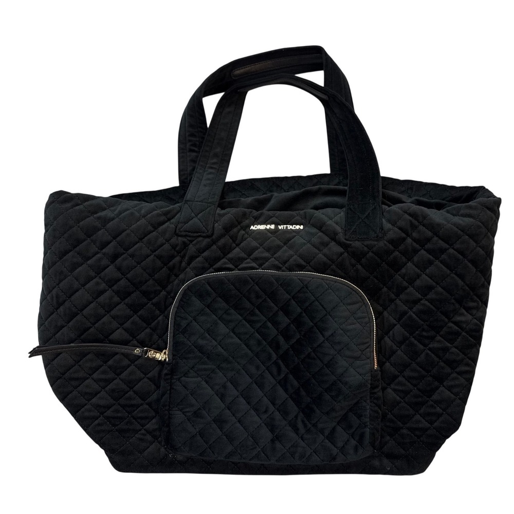 Adrienne Vittadini Tote Bag Womens Large Black Excellent Quilted Velvet‎ Travel